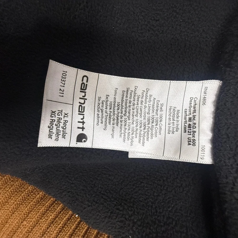 Carhartt Hooded Duck Canvas Jacket Brown Fleece Lined Workwear Full Zip Mens XL